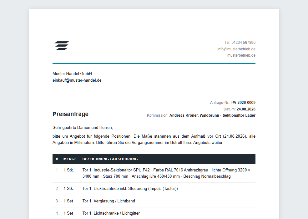 Die Preisanfrage an den Händler