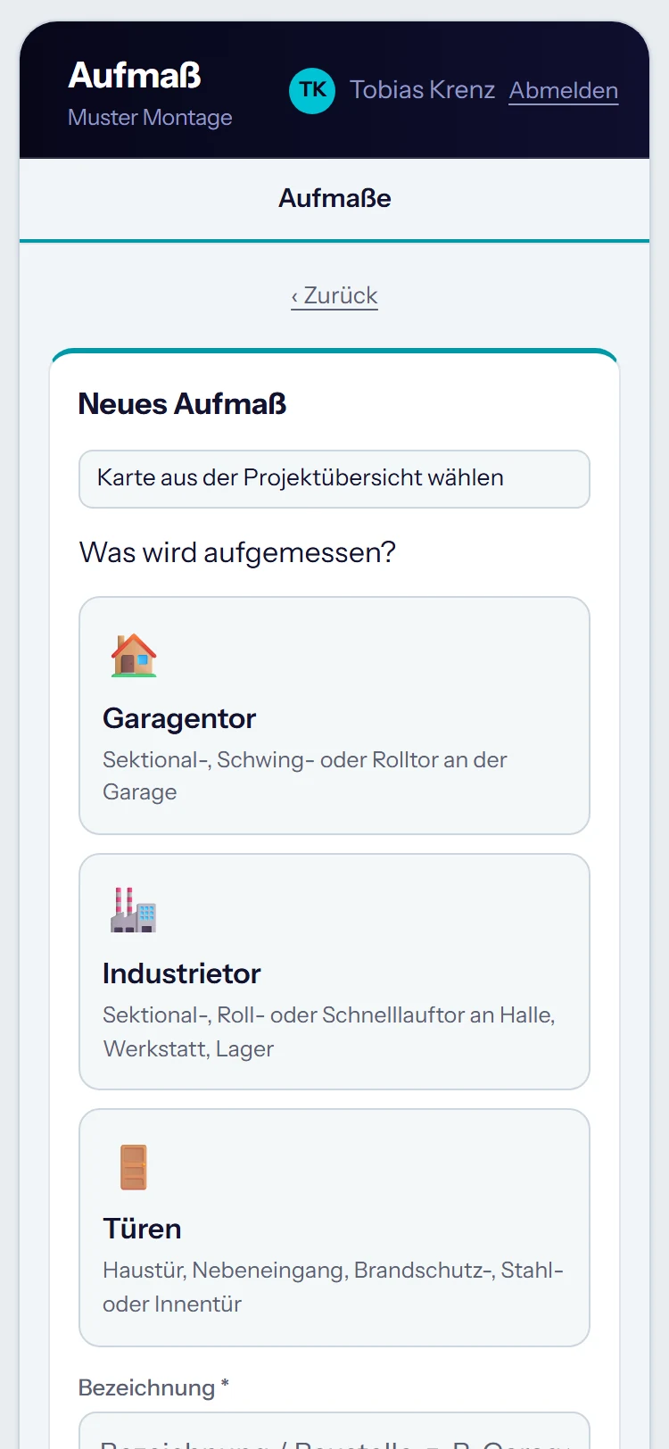 Aufmaß auf dem Handy: Auswahl zwischen Garagentor, Industrietor und Türen