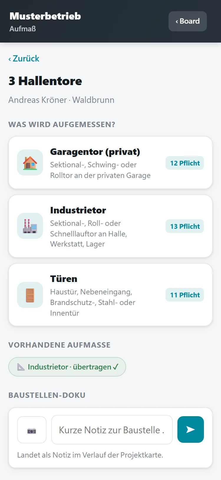 Aufmaß auf dem Handy: die Baustelle „3 Hallentore“ mit drei Torarten zur Auswahl