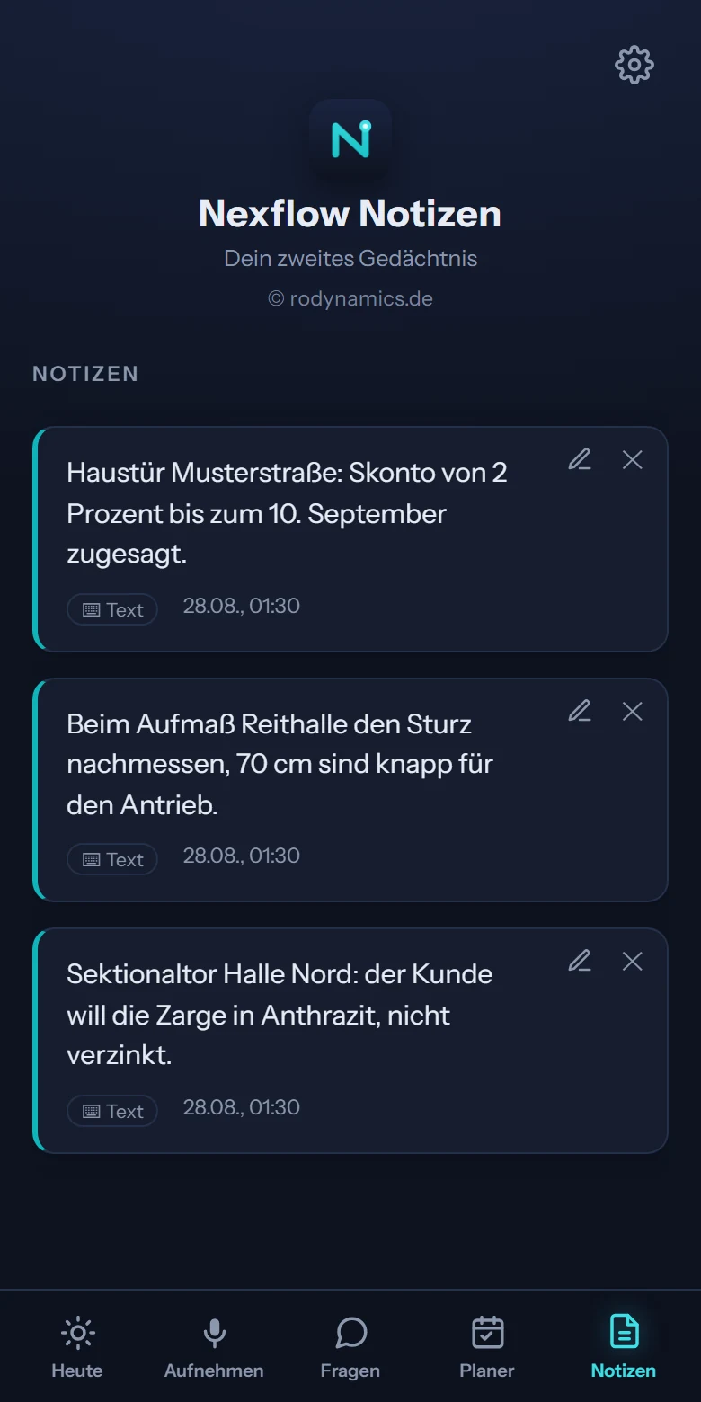 Nexflow Notizen: die Zeitleiste mit den gespeicherten Notizen